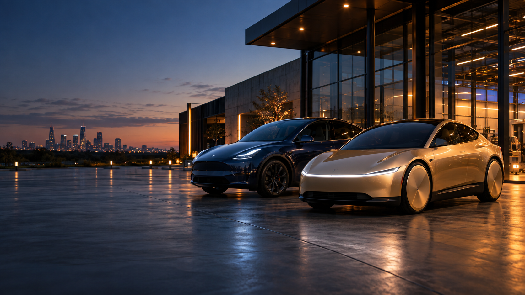 Gold autonomous Cybercab and dark Tesla Model Y at a modern fleet operations hub